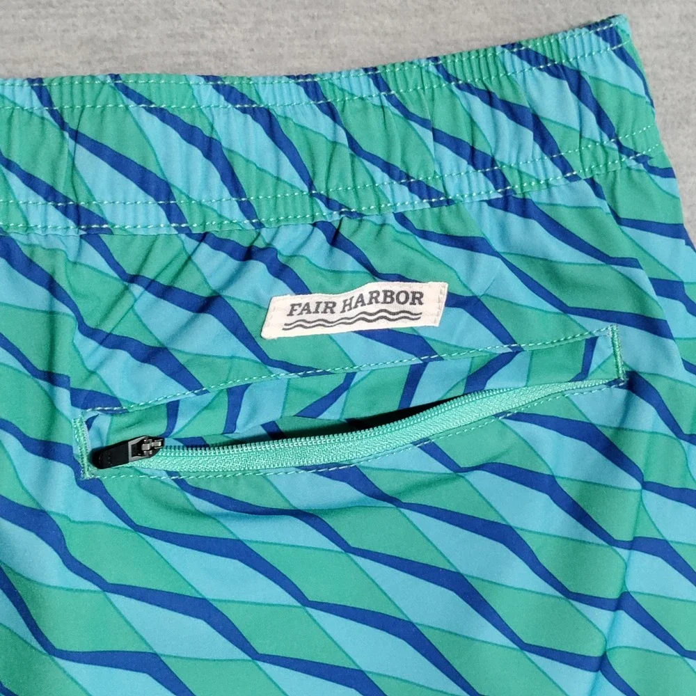 Fair Harbor Swim Trunks Mens XXL Geometric‎ Drawstring Lined Blue/Green